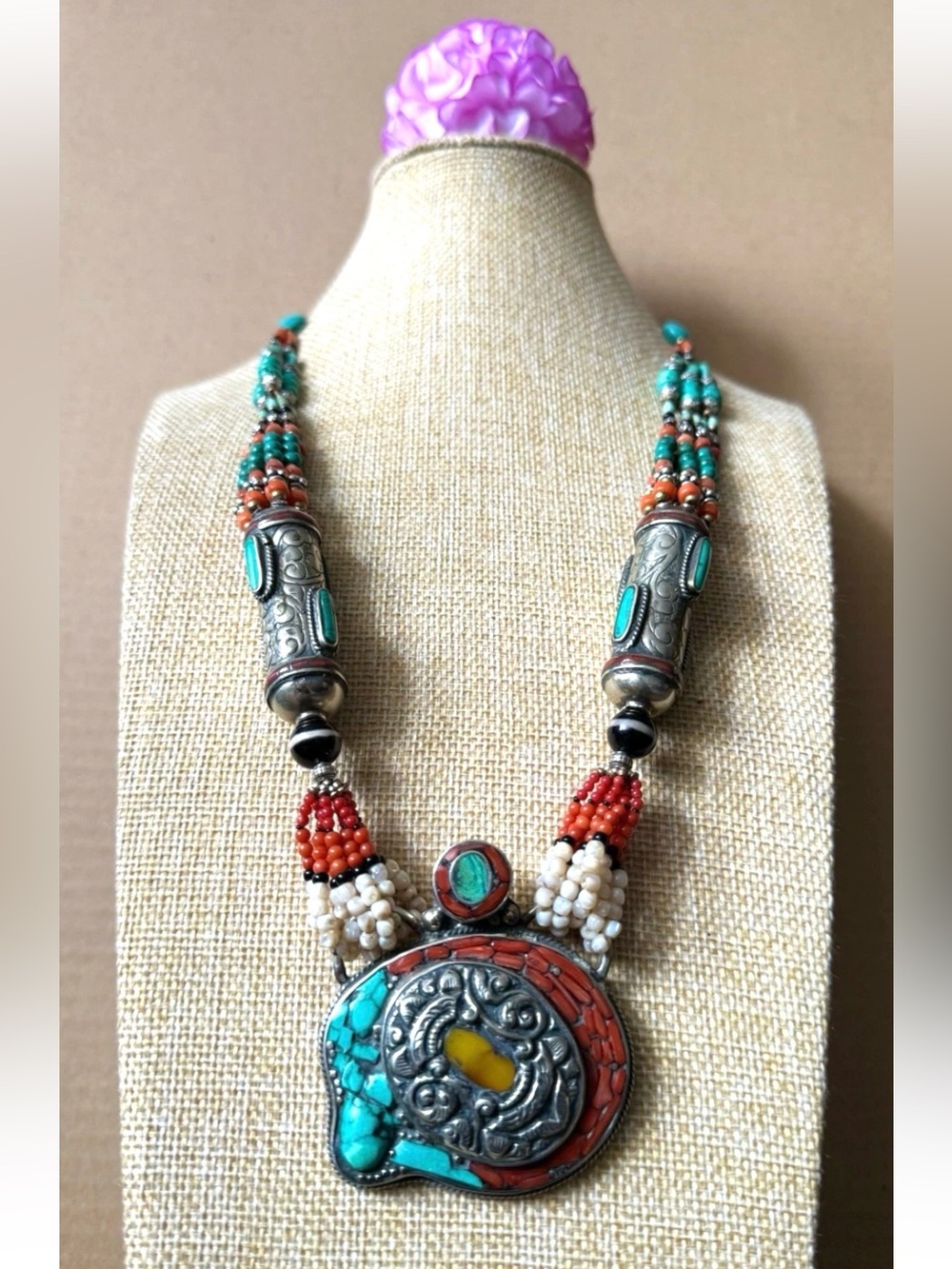 Vintage & Ethnic Multi strand Tibetan Silver Pendant Necklace Inlay Stones 151gr